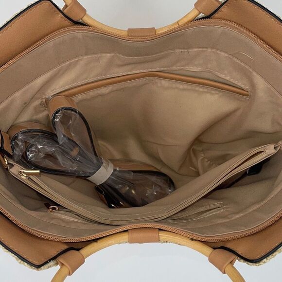 Be Dazzled Womens 2-Way Two-Tone Round Bamboo Handle Straw Satchel Bag NWT - Picture 3 of 9